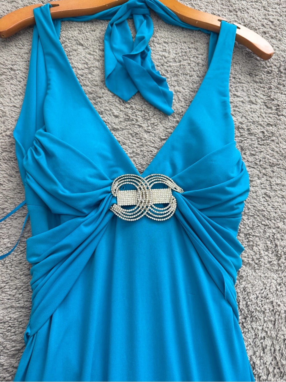 Cache Teal Halter Dress with Ruched Detail